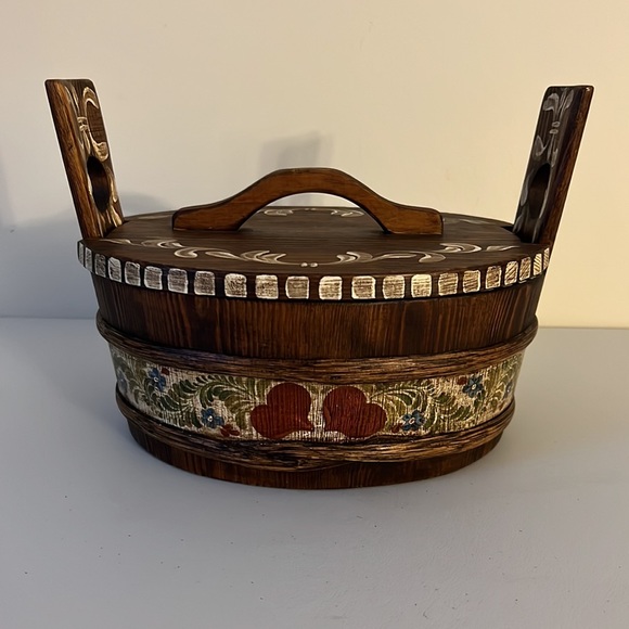 Unique Vintage Hand Painted Rustic Wooden Covered Pot - Made in Finland - Picture 2 of 8